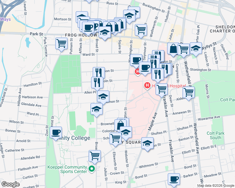 map of restaurants, bars, coffee shops, grocery stores, and more near 20 Allen Place in Hartford