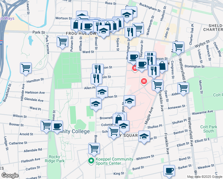 map of restaurants, bars, coffee shops, grocery stores, and more near 50 Allen Place in Hartford