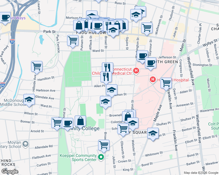 map of restaurants, bars, coffee shops, grocery stores, and more near in Hartford