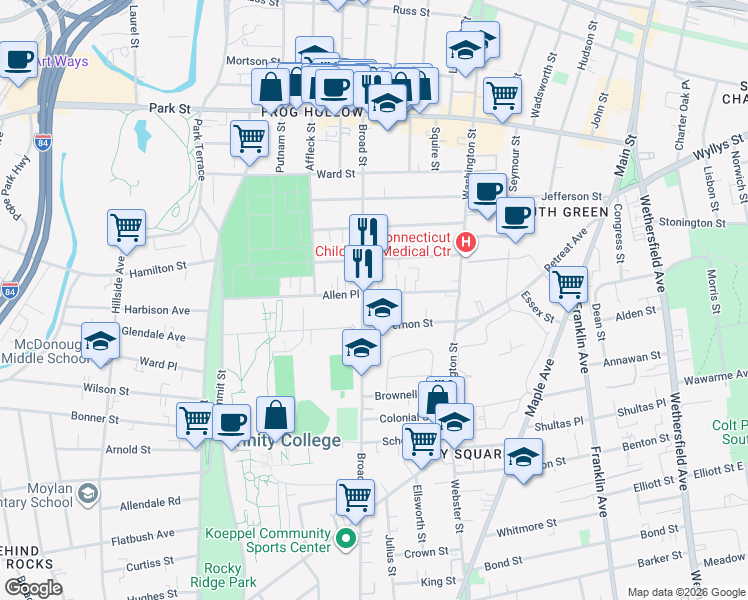 map of restaurants, bars, coffee shops, grocery stores, and more near in Hartford