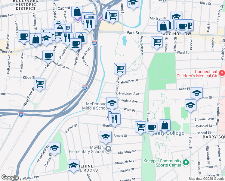 map of restaurants, bars, coffee shops, grocery stores, and more near 117 Hamilton Street in Hartford