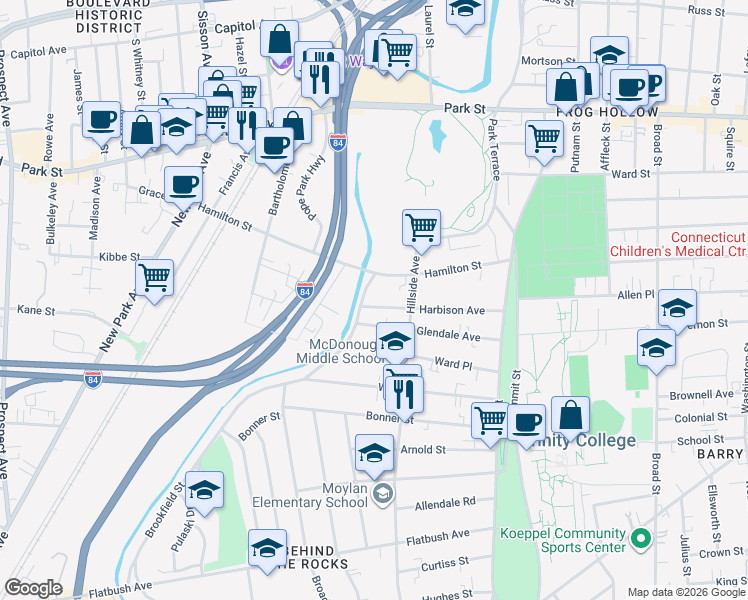map of restaurants, bars, coffee shops, grocery stores, and more near 117 Hamilton Street in Hartford
