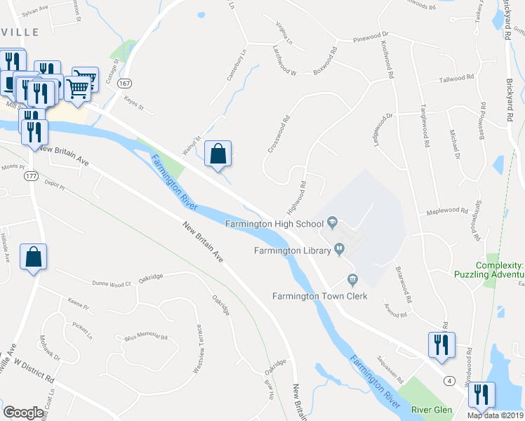 map of restaurants, bars, coffee shops, grocery stores, and more near in Farmington