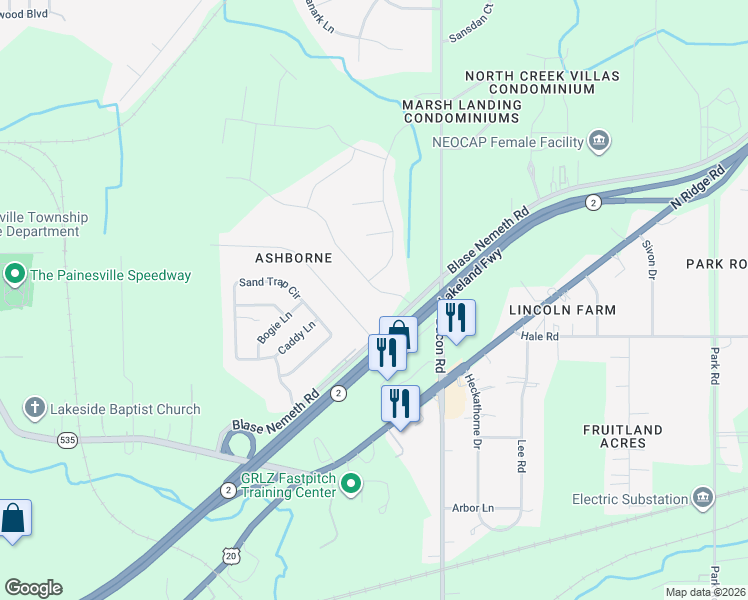 map of restaurants, bars, coffee shops, grocery stores, and more near 516 Greenside Drive in Painesville