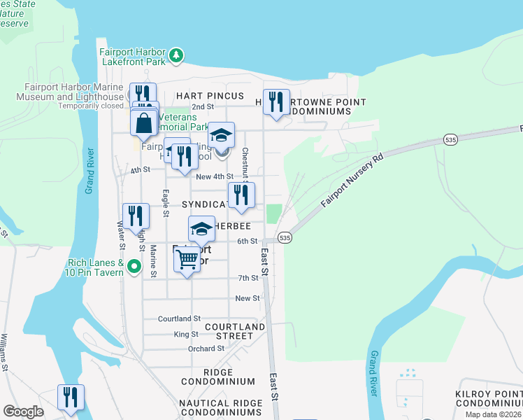 map of restaurants, bars, coffee shops, grocery stores, and more near 535 5th Street in Fairport Harbor