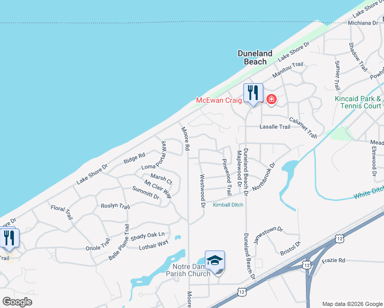 map of restaurants, bars, coffee shops, grocery stores, and more near 3017 Moore Road in Michigan City