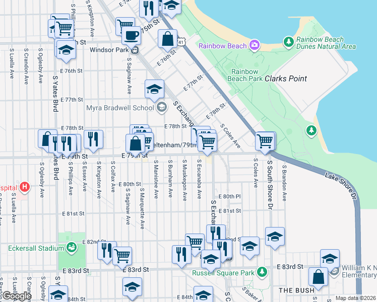 map of restaurants, bars, coffee shops, grocery stores, and more near 7837 South Muskegon Avenue in Chicago