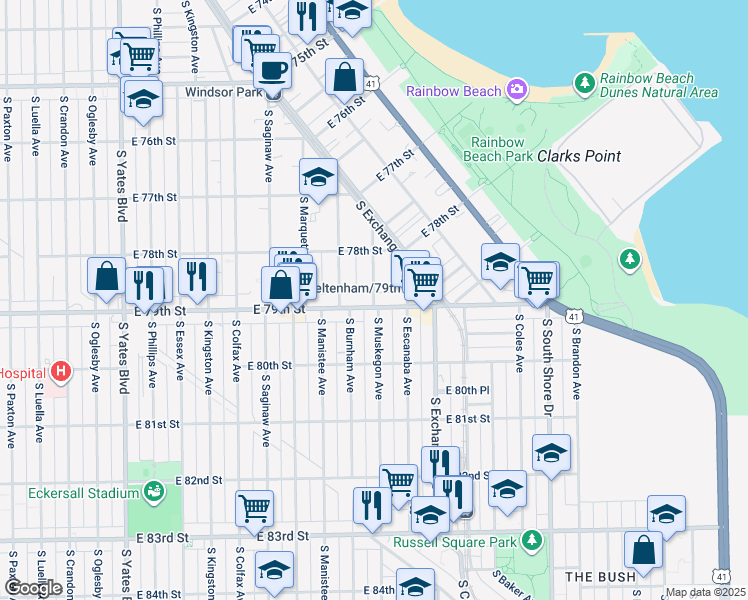 map of restaurants, bars, coffee shops, grocery stores, and more near 7837 South Muskegon Avenue in Chicago