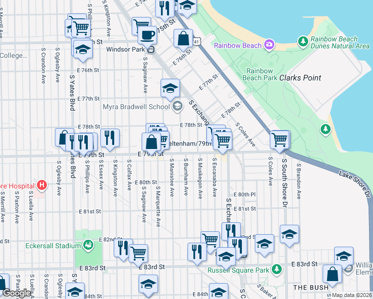 map of restaurants, bars, coffee shops, grocery stores, and more near 7837 South Burnham Avenue in Chicago