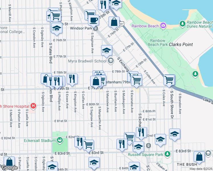map of restaurants, bars, coffee shops, grocery stores, and more near 7839 South Marquette Avenue in Chicago