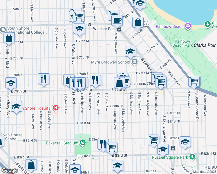 map of restaurants, bars, coffee shops, grocery stores, and more near 7837 South Colfax Avenue in Chicago