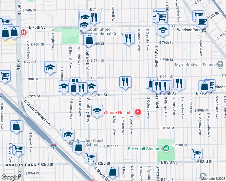 map of restaurants, bars, coffee shops, grocery stores, and more near 7833 South Clyde Avenue in Chicago