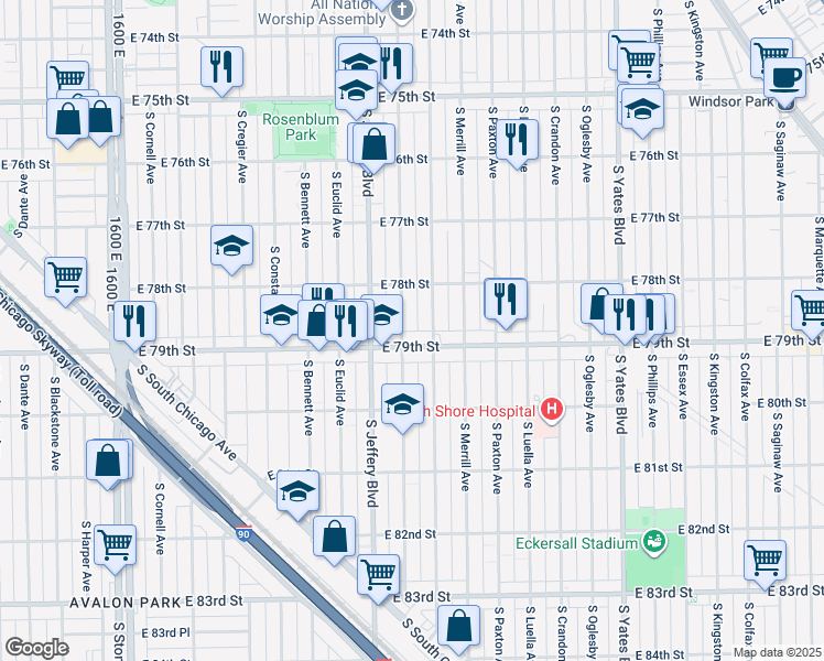 map of restaurants, bars, coffee shops, grocery stores, and more near 7829 South Chappel Avenue in Chicago