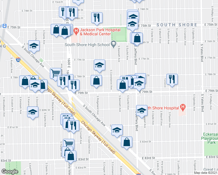 map of restaurants, bars, coffee shops, grocery stores, and more near 7829 South Cregier Avenue in Chicago