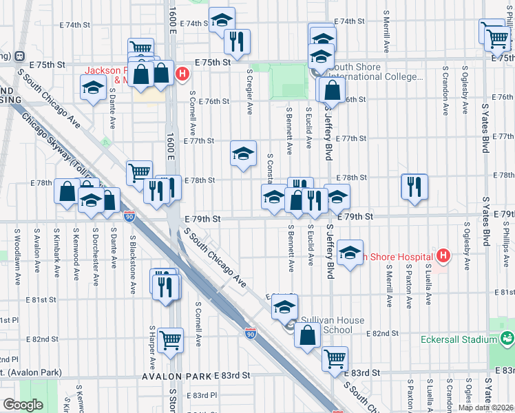 map of restaurants, bars, coffee shops, grocery stores, and more near 7829 South Cregier Avenue in Chicago