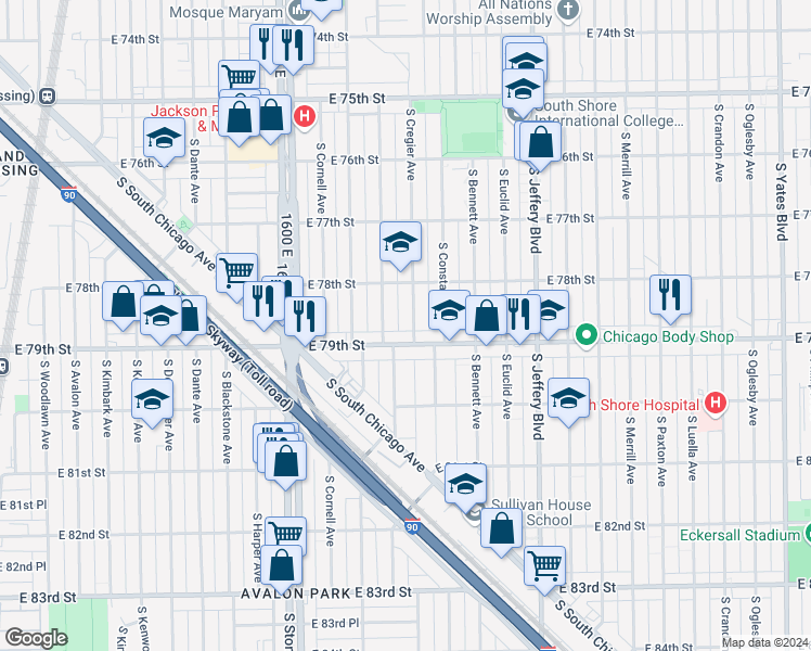 map of restaurants, bars, coffee shops, grocery stores, and more near 7829 South Cregier Avenue in Chicago