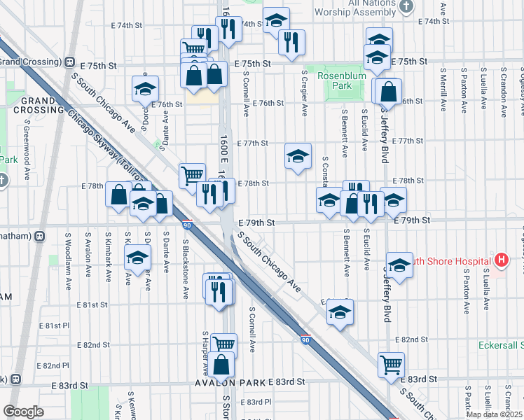 map of restaurants, bars, coffee shops, grocery stores, and more near 7826 South East End Avenue in Chicago