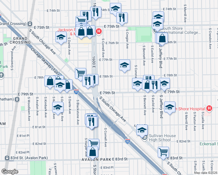 map of restaurants, bars, coffee shops, grocery stores, and more near 7826 South East End Avenue in Chicago