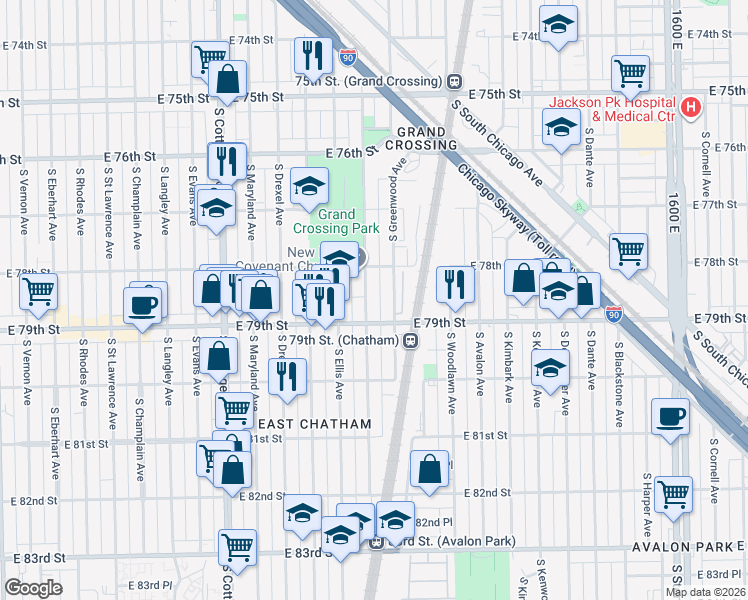 map of restaurants, bars, coffee shops, grocery stores, and more near 7822 South Greenwood Avenue in Chicago