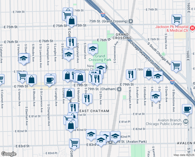 map of restaurants, bars, coffee shops, grocery stores, and more near 7823 South Ingleside Avenue in Chicago