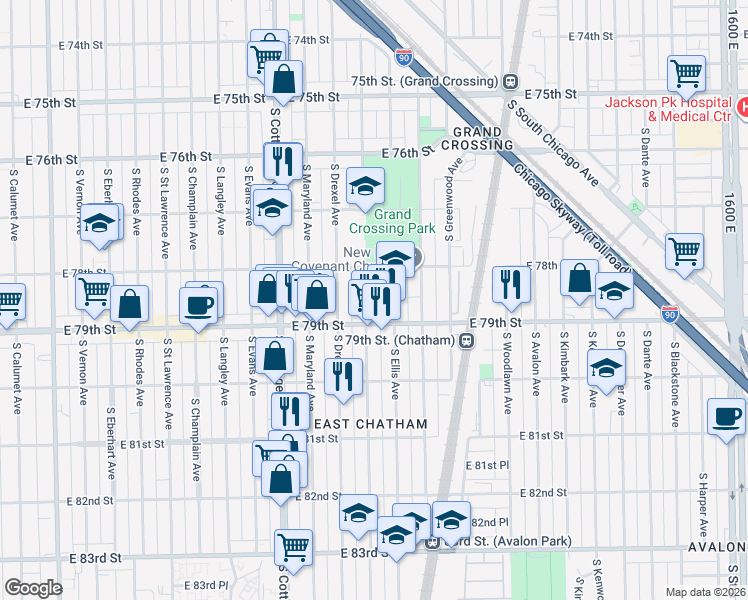 map of restaurants, bars, coffee shops, grocery stores, and more near 7823 South Ingleside Avenue in Chicago