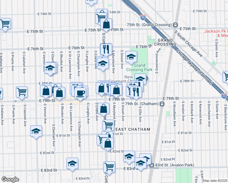 map of restaurants, bars, coffee shops, grocery stores, and more near 7818 South Maryland Avenue in Chicago