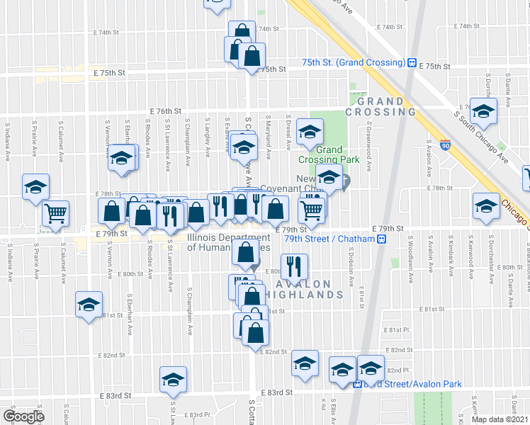 map of restaurants, bars, coffee shops, grocery stores, and more near 7818 South Maryland Avenue in Chicago