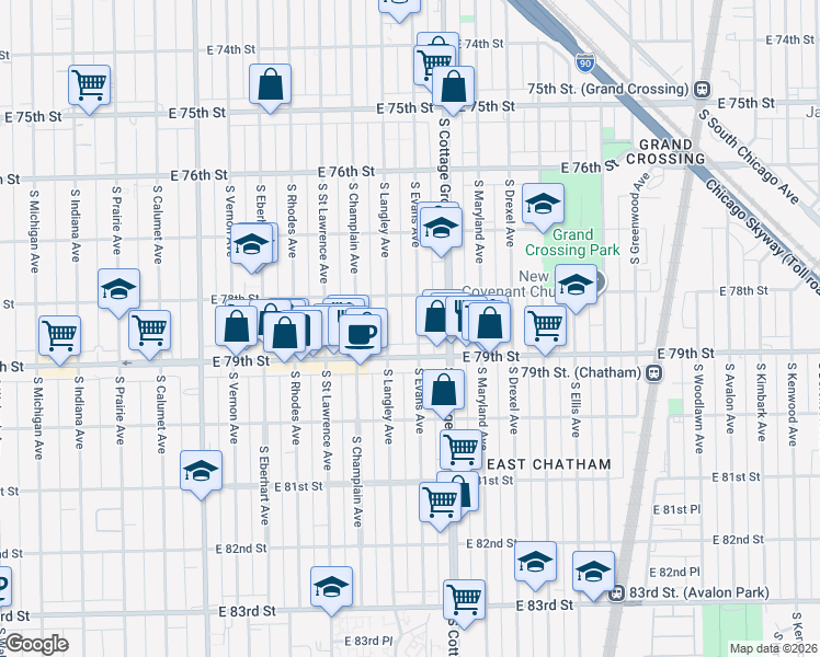 map of restaurants, bars, coffee shops, grocery stores, and more near 7817 South Langley Avenue in Chicago