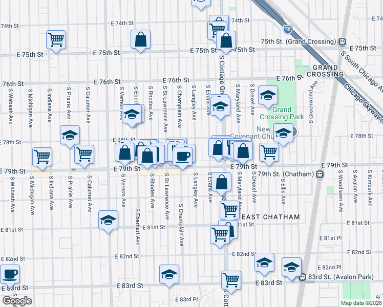 map of restaurants, bars, coffee shops, grocery stores, and more near 7817 South Langley Avenue in Chicago