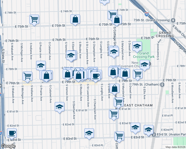 map of restaurants, bars, coffee shops, grocery stores, and more near 7814 South Champlain Avenue in Chicago