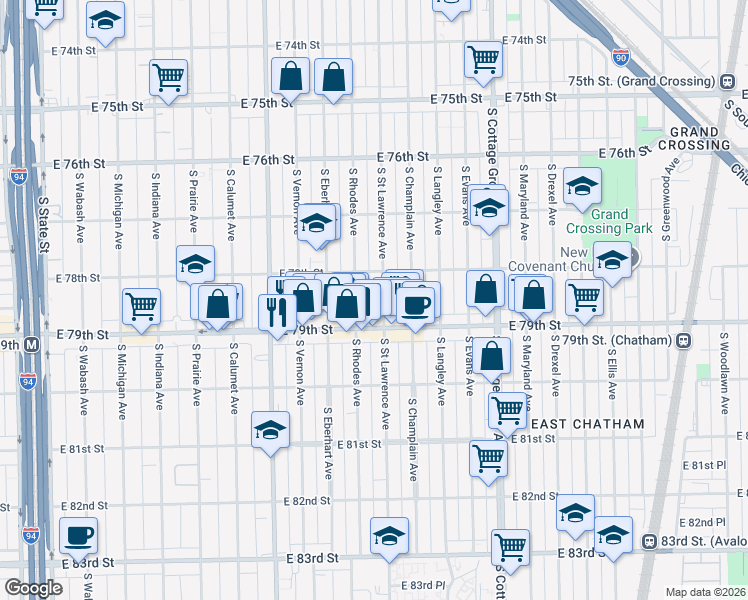 map of restaurants, bars, coffee shops, grocery stores, and more near 7814 South Saint Lawrence Avenue in Chicago