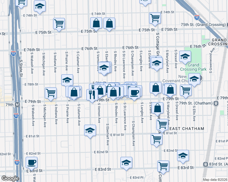 map of restaurants, bars, coffee shops, grocery stores, and more near 7817 South Eberhart Avenue in Chicago
