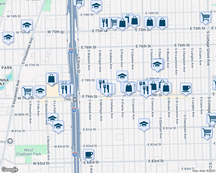 map of restaurants, bars, coffee shops, grocery stores, and more near 7809 South Michigan Avenue in Chicago