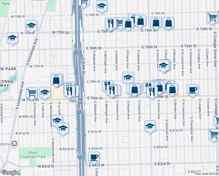 map of restaurants, bars, coffee shops, grocery stores, and more near 7809 South Michigan Avenue in Chicago