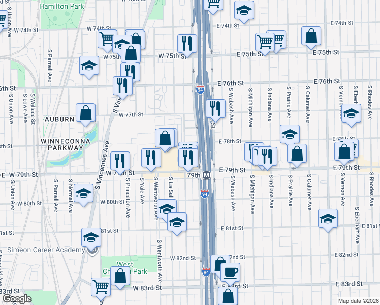 map of restaurants, bars, coffee shops, grocery stores, and more near 55 West 78th Street in Chicago