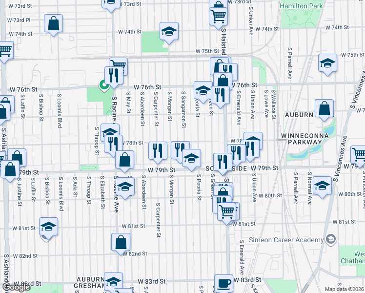 map of restaurants, bars, coffee shops, grocery stores, and more near 7754 South Sangamon Street in Chicago