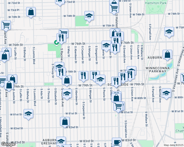 map of restaurants, bars, coffee shops, grocery stores, and more near 7754 South Sangamon Street in Chicago