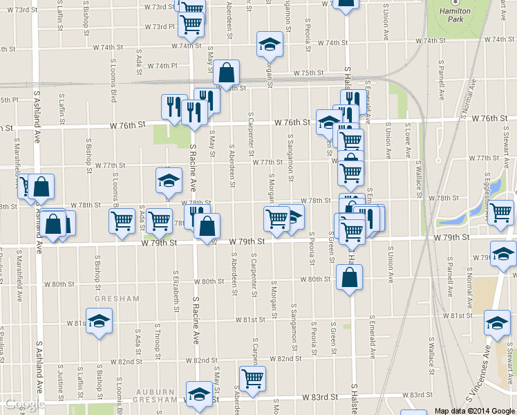 map of restaurants, bars, coffee shops, grocery stores, and more near 1018 West 78th Street in Chicago