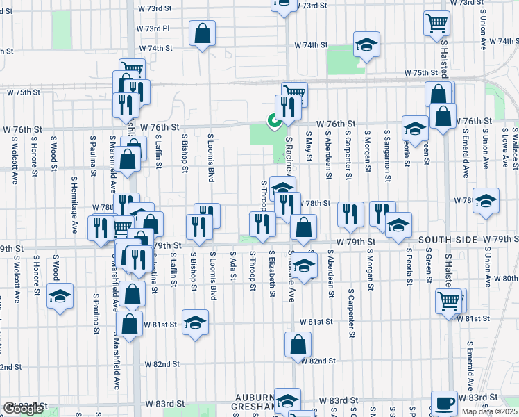 map of restaurants, bars, coffee shops, grocery stores, and more near 7756 South Throop Street in Chicago