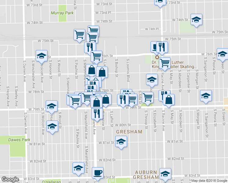 map of restaurants, bars, coffee shops, grocery stores, and more near 7753 South Bishop Street in Chicago