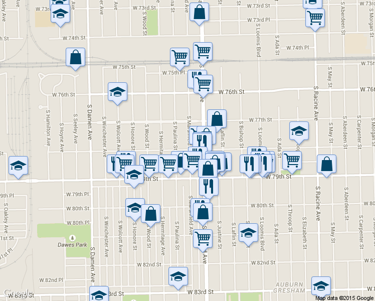 map of restaurants, bars, coffee shops, grocery stores, and more near 7751 South Marshfield Avenue in Chicago