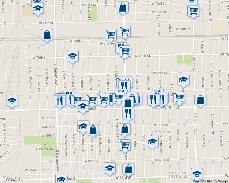 map of restaurants, bars, coffee shops, grocery stores, and more near 7751 South Marshfield Avenue in Chicago