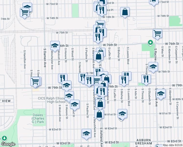 map of restaurants, bars, coffee shops, grocery stores, and more near 7751 South Marshfield Avenue in Chicago