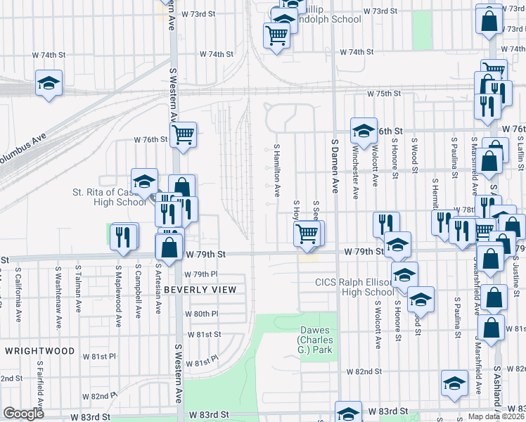 map of restaurants, bars, coffee shops, grocery stores, and more near 2150 West 78th Street in Chicago