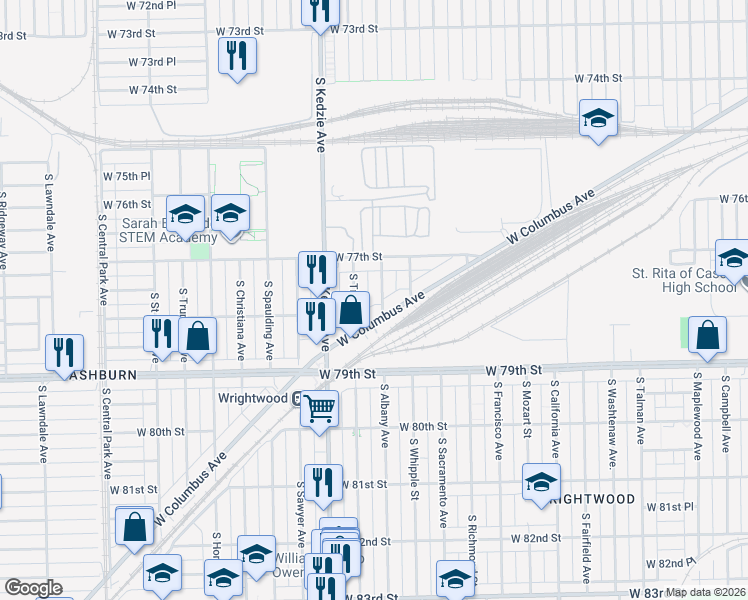 map of restaurants, bars, coffee shops, grocery stores, and more near 7730 South Albany Avenue in Chicago
