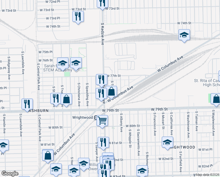 map of restaurants, bars, coffee shops, grocery stores, and more near 7733 South Kedzie Avenue in Chicago