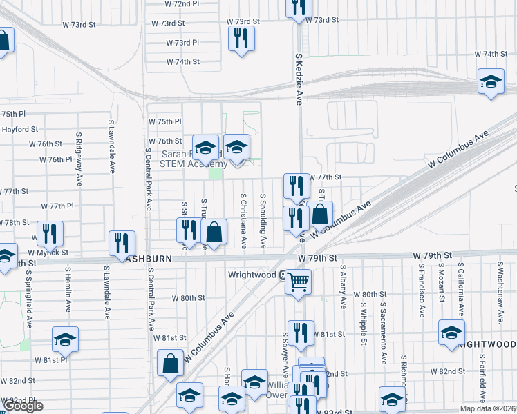 map of restaurants, bars, coffee shops, grocery stores, and more near 7728 South Spaulding Avenue in Chicago
