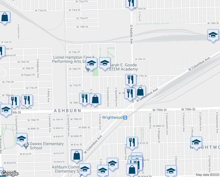 map of restaurants, bars, coffee shops, grocery stores, and more near 7730 South Christiana Avenue in Chicago
