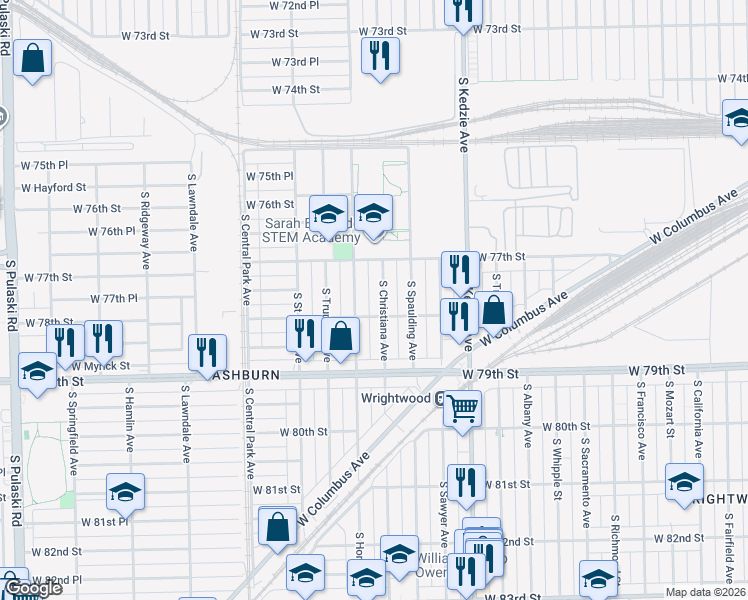 map of restaurants, bars, coffee shops, grocery stores, and more near 7730 South Christiana Avenue in Chicago