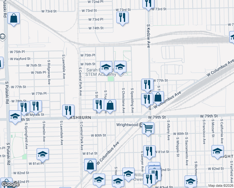 map of restaurants, bars, coffee shops, grocery stores, and more near 7730 South Christiana Avenue in Chicago